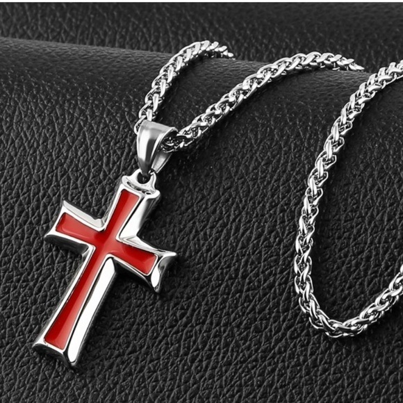 Silver & Red-Men's Stainless Steel Cross Pendant Necklace - Picture 3 of 4